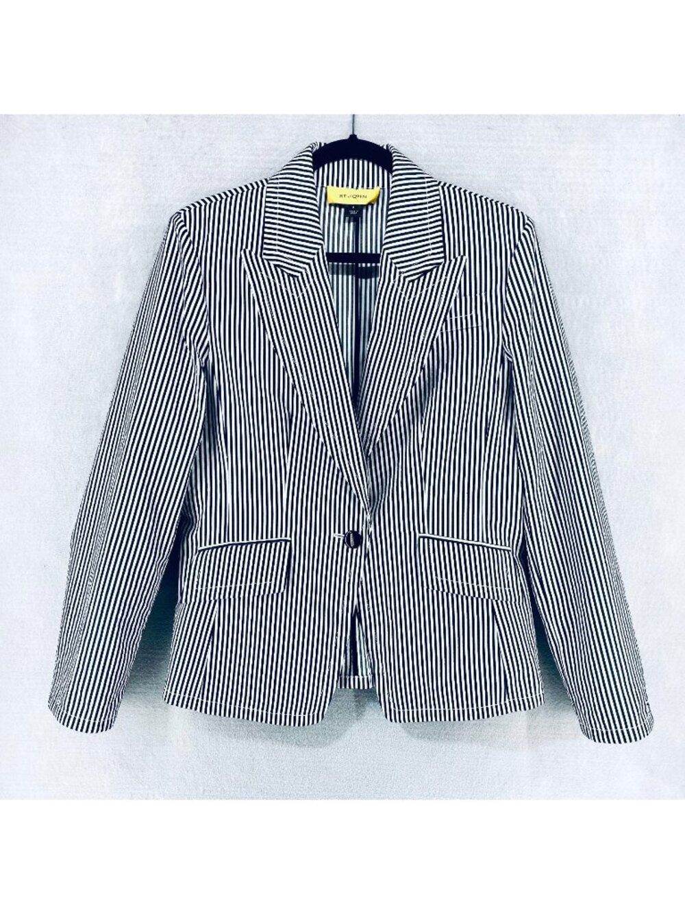 St John Jacket Womens 8 Gray Cotton Blend Chambray Blazer Stripe Nautical